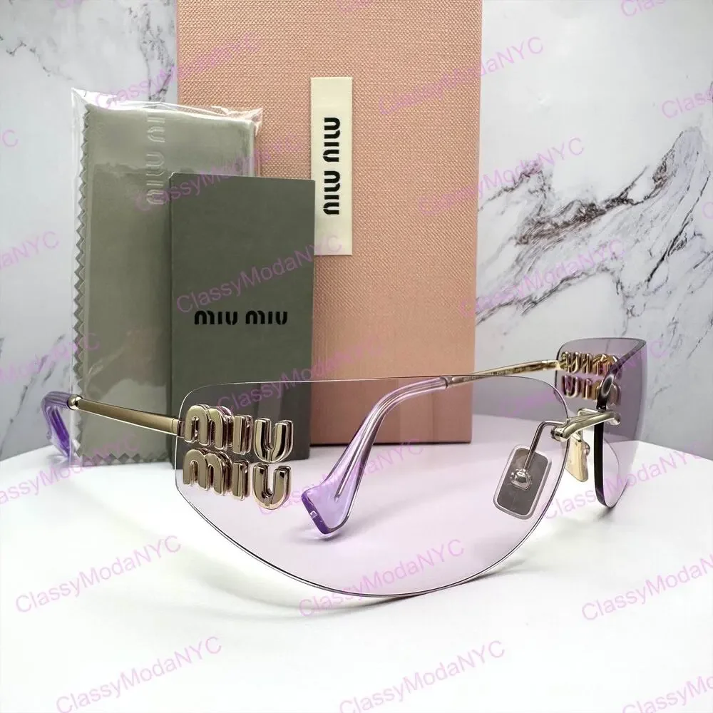 New MIU MIU Sunglasses Pale Gold Pink Lens Wrap Rimless AUTHENTIC Runway 2025
